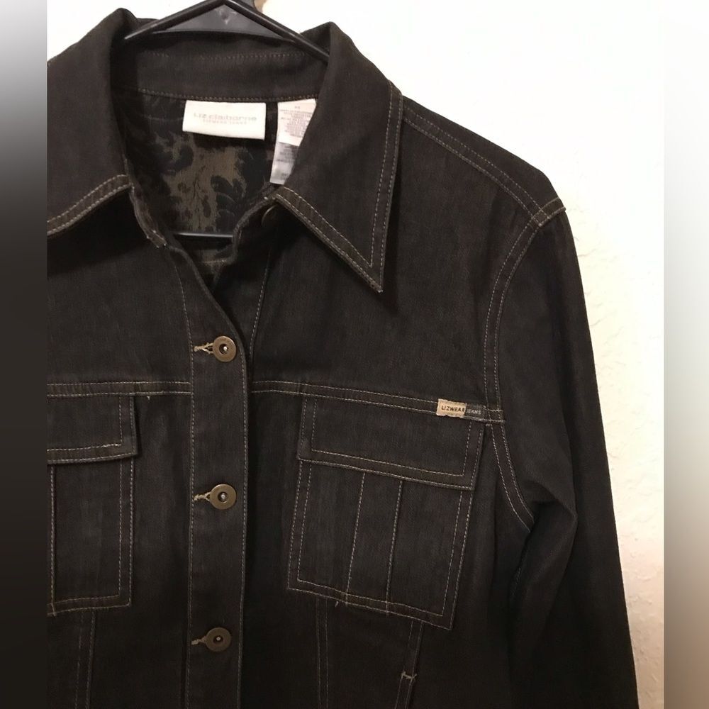 Vintage Y2K Lizwear Jeans Dark Wash Denim Jacket with Damask Print Inside - Picture 3 of 7